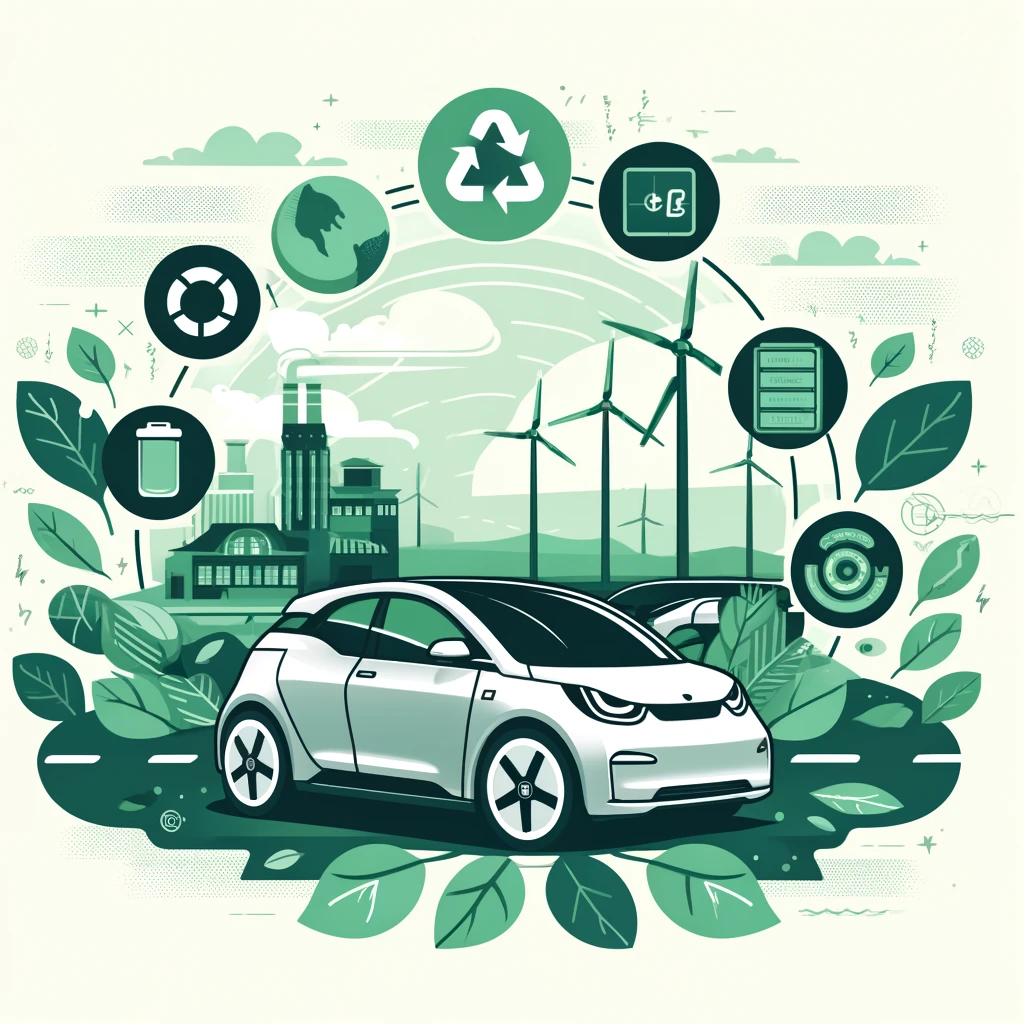 Podcasts DALL·E 2024 05 16 19.22.04 An illustration promoting a podcast episode on sustainability and circular economy in electric cars. The image features a modern electric car surround - Podcasts