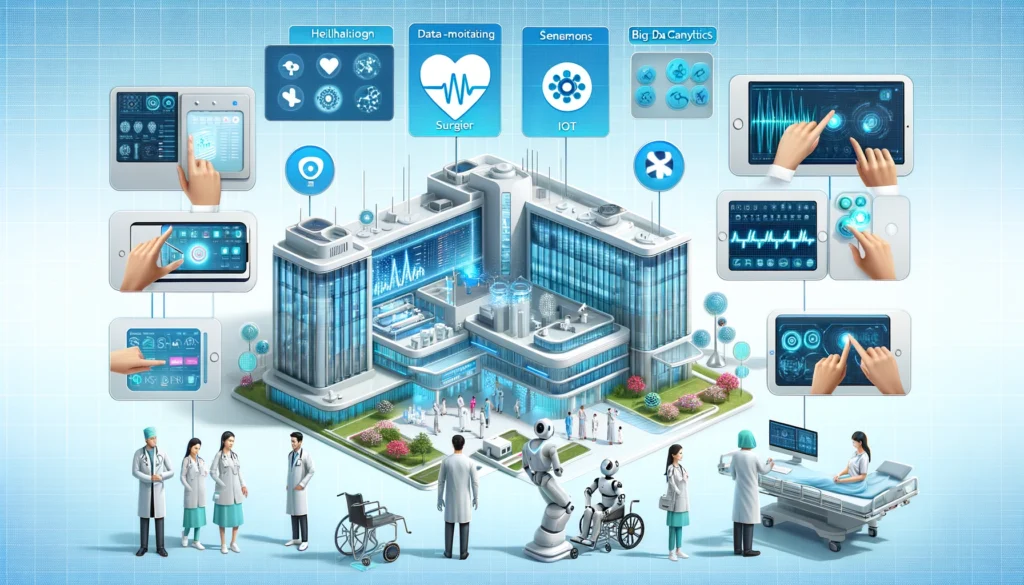 Podcasts DALL·E 2024 05 26 12.24.17 A futuristic hospital with advanced technology. Show a hospital building with digital screens robots assisting in surgeries doctors using tablets an 1024x585 - Podcasts