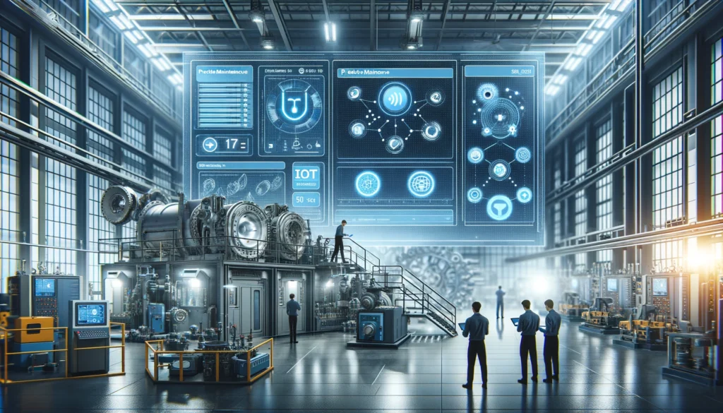 Podcasts DALL·E 2024 06 01 23.28.24 A modern industrial setting showcasing the use of IoT sensors for predictive maintenance. The scene includes various machinery with sensors attached 1024x585 - Podcasts