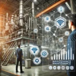 Una ilustración de una planta industrial moderna con maquinaria y técnicos trabajando. En el fondo, se puede ver una interfaz digital que muestra datos en tiempo real, representando el uso de IoT y AI en la gestión de mantenimiento. En una esquina, aparece el logo de Fracttal. La imagen debe transmitir innovación y tecnología en el ámbito del mantenimiento industrial.