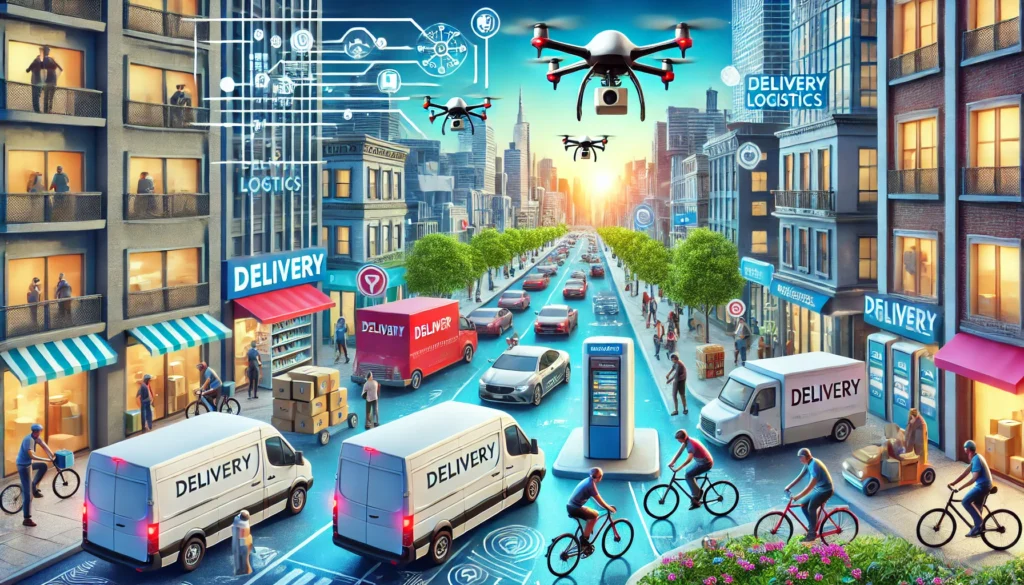 Podcasts DALL·E 2024 06 21 18.00.08 A bustling cityscape showcasing the challenges and innovations of last mile logistics. Delivery vans bicycles and electric vehicles navigate through 1024x585 - Podcasts