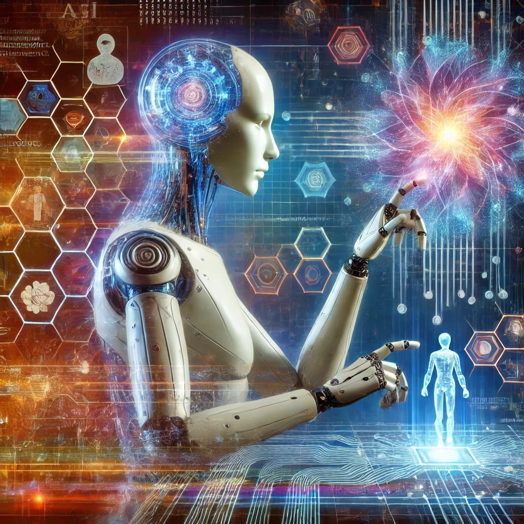 Podcasts DALL·E 2024 07 02 17.52.43 A futuristic illustration showing a humanoid robot interacting with a digital interface displaying complex data and neural networks. The background fe - Podcasts