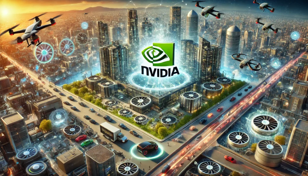 Podcasts DALL·E 2024 07 11 16.22.12 A detailed and dynamic image showcasing Nvidias impact on technology and artificial intelligence. The image should include a futuristic cityscape wit 1024x585 - Podcasts