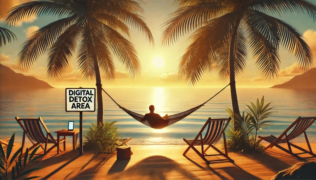 Podcasts DALL·E 2024 07 21 22.03.23 A peaceful beach scene with a person relaxing in a hammock under palm trees away from digital devices. The sun is setting casting a warm glow over t 1024x585 - Podcasts