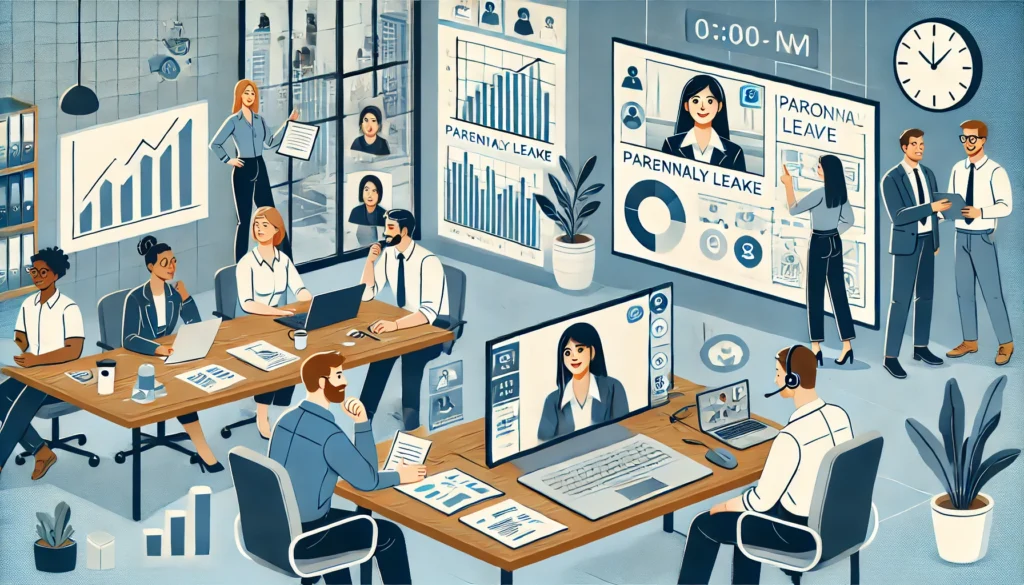 Podcasts DALL·E 2024 07 29 17.58.49 An office setting with a diverse team of employees working together. One desk has a laptop open with a video call showing a colleague on parental leav 1024x585 - Podcasts