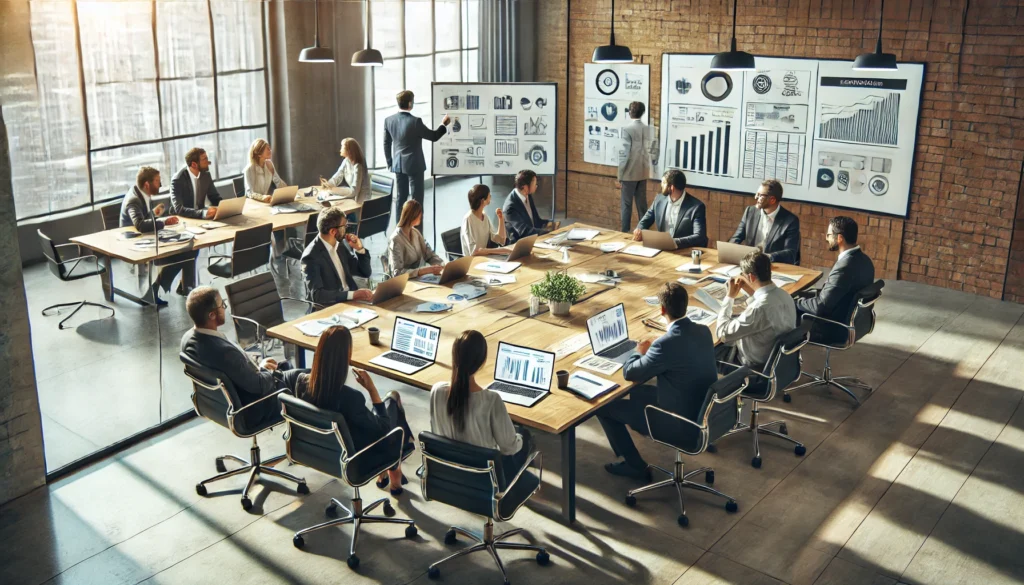 Podcasts DALL·E 2024 08 07 10.01.33 An office setting with a group of people engaged in a productive meeting. The room has a large table with laptops notebooks and documents spread out 1024x585 - Podcasts