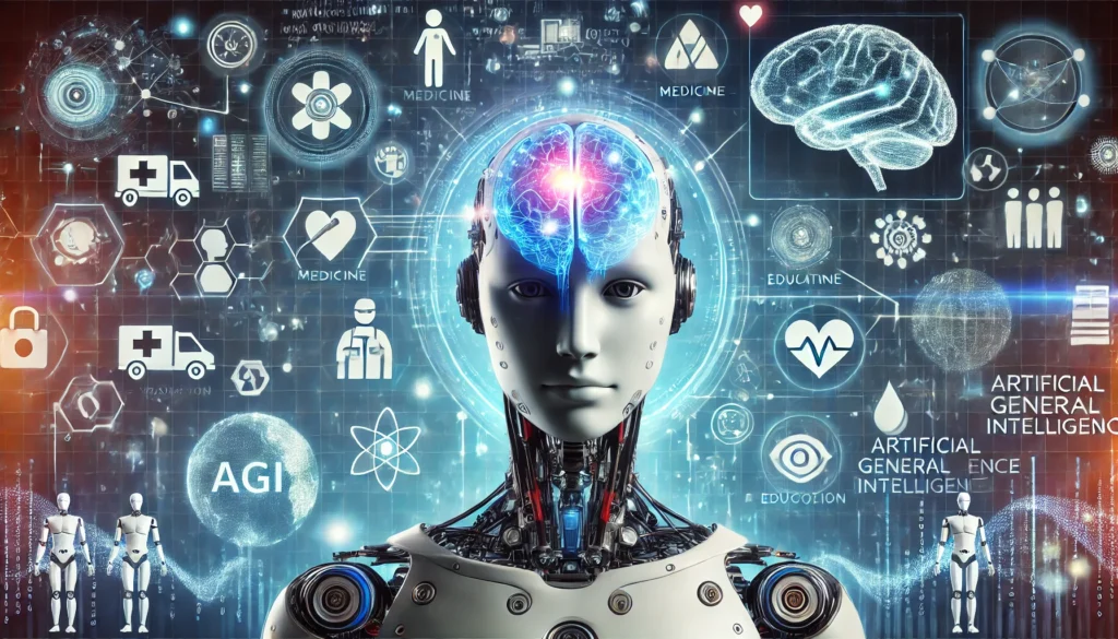 Podcasts DALL·E 2024 08 08 13.44.01 A futuristic representation of Artificial General Intelligence AGI. The image shows a humanoid robot with a glowing brain surrounded by various ico 1024x585 - Podcasts