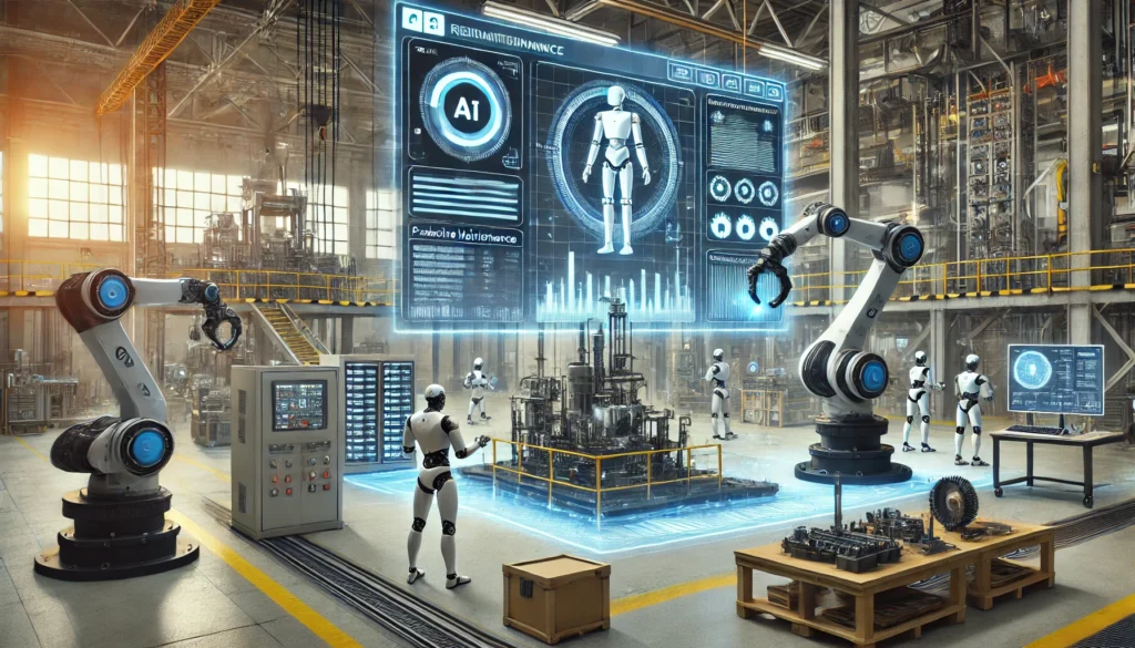 Podcasts DALL·E 2024 08 08 15.19.27 A futuristic industrial maintenance scene featuring robots performing maintenance on large machinery and installations. An AI system is overseeing the 1024x585 - Podcasts