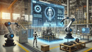 DALL·E 2024 08 08 15.19.27 A futuristic industrial maintenance scene featuring robots performing maintenance on large machinery and installations. An AI system is overseeing the 300x171 - Usuario