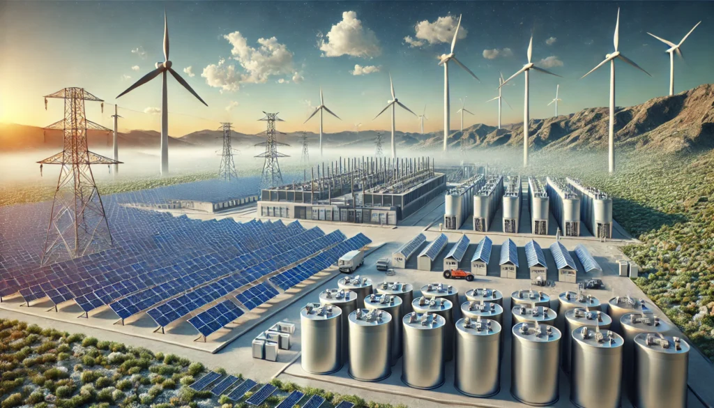 Podcasts DALL·E 2024 08 30 09.46.18 A wide landscape image depicting a combination of renewable energy technologies. The foreground features several solar panels and wind turbines under 1024x585 - Podcasts