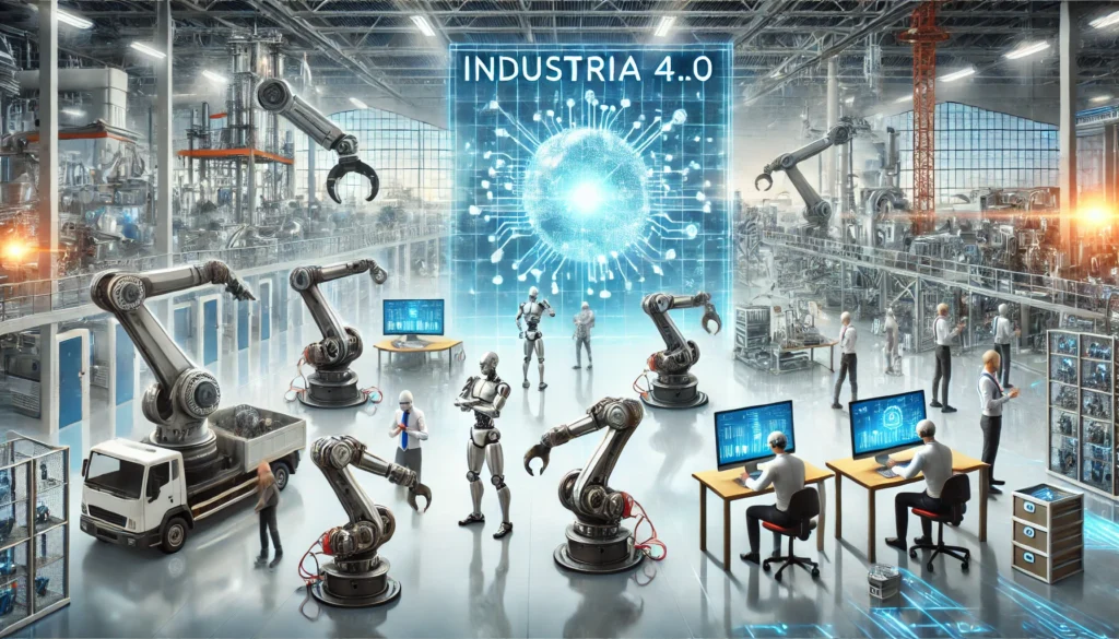 Podcasts DALL·E 2024 09 05 15.20.39 A modern factory setting with both robots and humans working side by side showcasing the collaboration between advanced technology and human workers 1024x585 - Podcasts