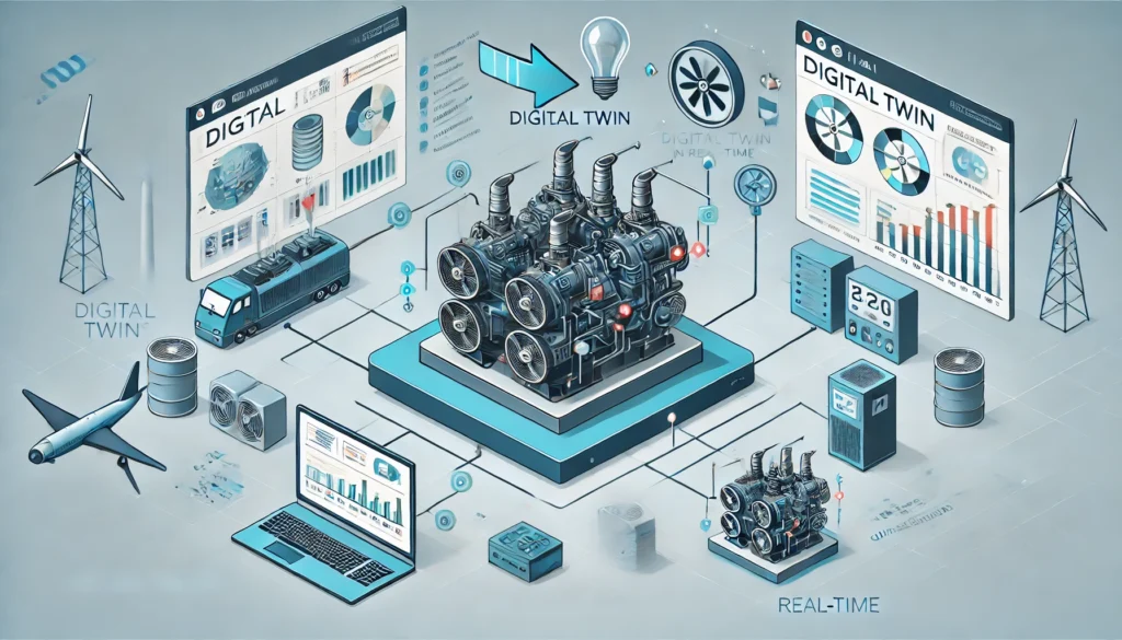 Podcasts DALL·E 2024 09 14 18.32.32 An infographic showing how digital twins work in real time. The image includes a physical object like a factory machine or an airplane engine connect 1024x585 - Podcasts