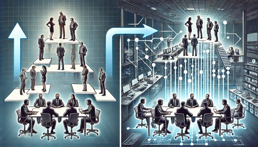 Podcasts DALL·E 2024 09 21 13.10.24 A detailed illustration showing a corporate team adapting to organizational change. The image starts with a traditional hierarchical structure on the 1024x585 - Podcasts