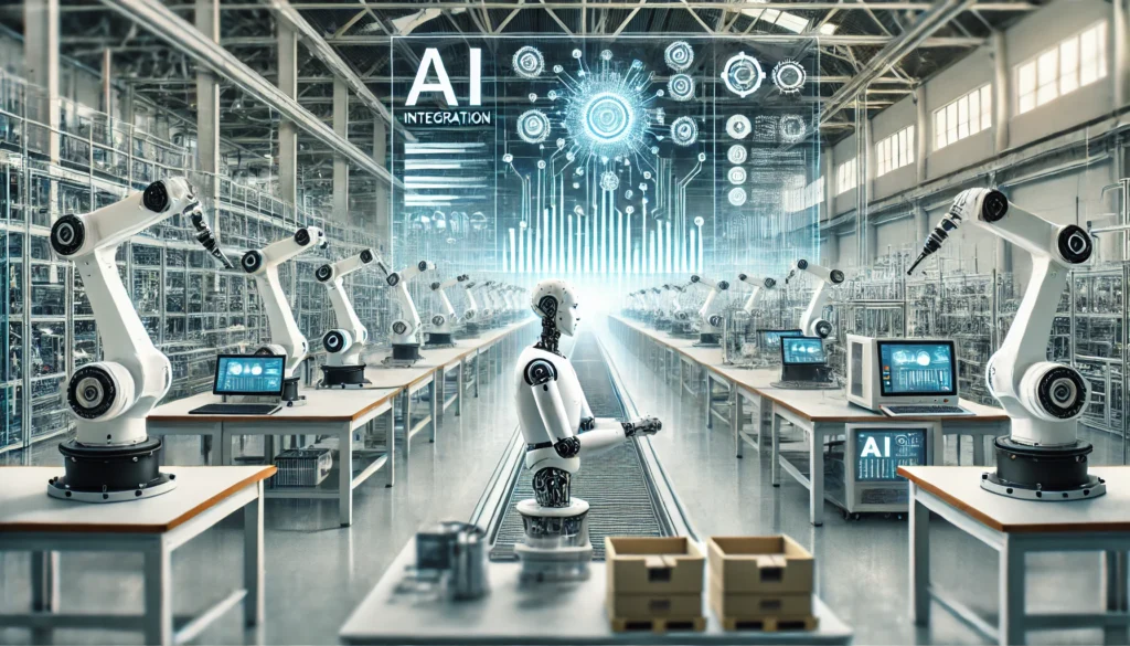 Podcasts DALL·E 2024 09 27 22.09.00 A modern industrial factory setting with robotic arms working on an assembly line symbolizing AI integration in manufacturing. In the background dig 1024x585 - Podcasts