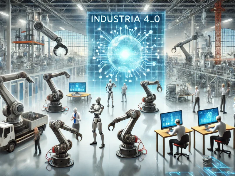 Una imagen apaisada de un entorno de fábrica moderna con robots trabajando junto a humanos, reflejando la colaboración entre tecnología avanzada y trabajadores humanos, con un título superpuesto: "Industria 4.0: Revolución en el Futuro del Trabajo