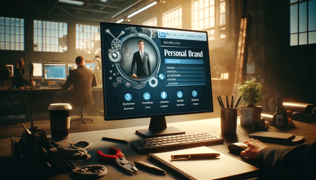 DALL&middot;E 2024 10 07 22.38.32 A realistic office or industrial setting with a professional reviewing their personal brand on a computer screen. The screen shows a LinkedIn profile  1024x585 - Podcasts