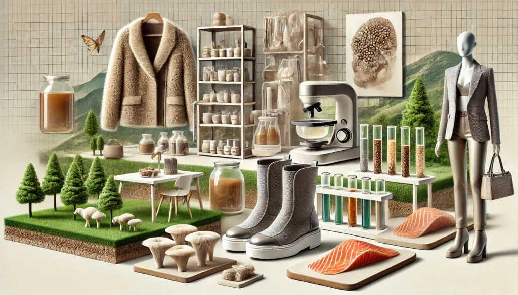 DALL&middot;E 2024 10 22 21.31.21 A modern stylish landscape representation showcasing biofabricated products. On one side we see leather like materials made from mycelium fungi be 1024x585 - Podcasts