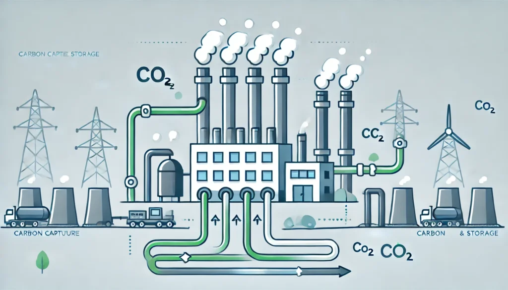 DALL&middot;E 2024 11 02 22.56.48 A clean simple illustration showing Carbon Capture and Storage CCS technology in an industrial setting. Depict a factory emitting CO₂ with pipes ca 1024x585 - Podcasts