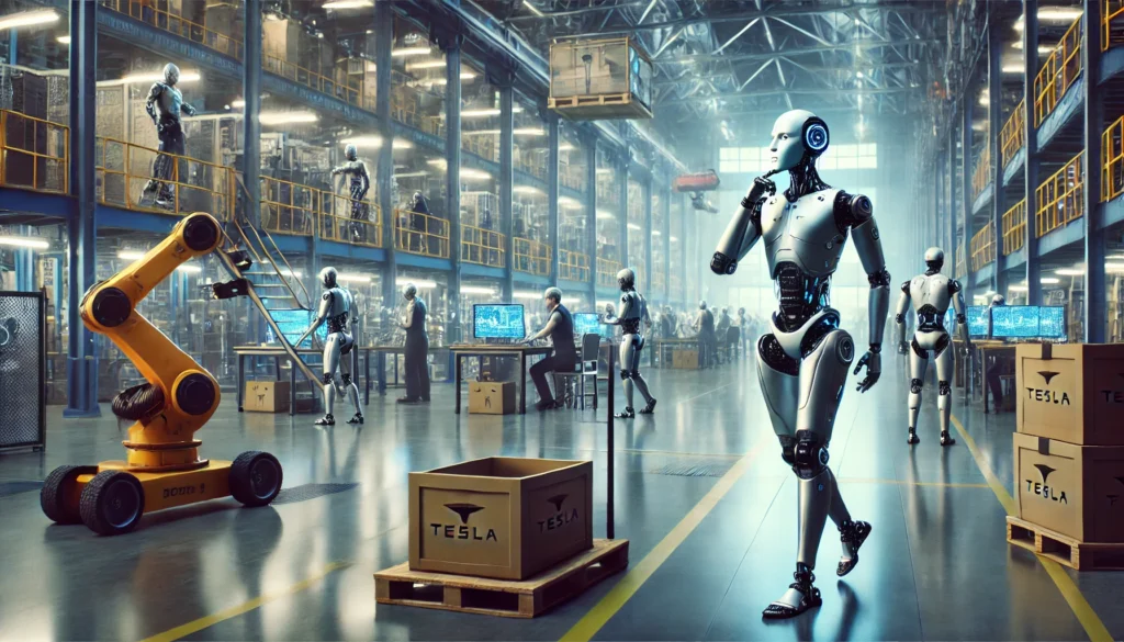 DALL&middot;E 2024 11 14 23.05.22 Una escena futurista que muestra un robot humanoide de aspecto moderno similar al Tesla Optimus Gen 2 en un entorno industrial colaborando con traba 1024x585 - Podcasts