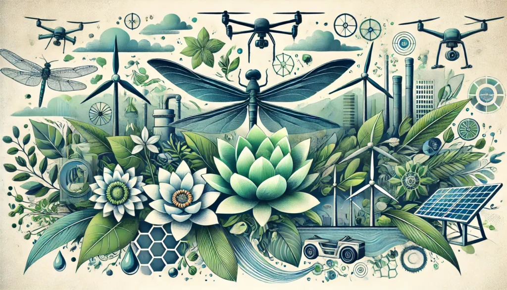 DALL&middot;E 2024 11 30 22.23.29 A horizontal illustration combining natural elements like dragonfly wings lotus leaves and whale fins with industrial products such as wind turbines 1024x585 - Podcasts