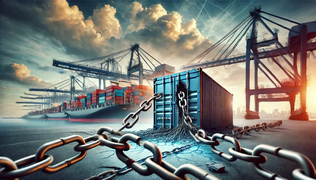 Podcasts DALL·E 2025 02 28 17.03.23 A large shipping container at an industrial port with broken chains around it symbolizing the collapse of globalization. The background features a cl 1024x585 - Podcasts