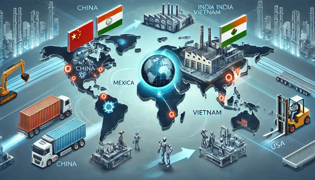 Podcasts DALL·E 2025 03 08 21.49.06 A digital illustration showing the global shift in manufacturing. The image features a world map with key countries highlighted China Mexico India 1024x585 - Podcasts