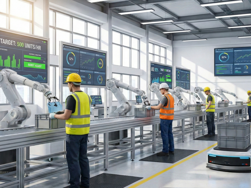 fábrica moderna aplicando Lean Manufacturing con robots y operarios