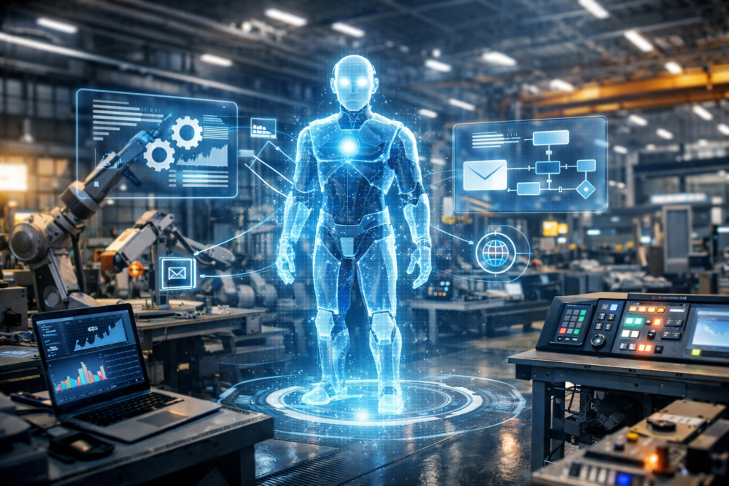 Holograma de agente de IA en una fábrica conectando con sistemas de producción, compras y logística