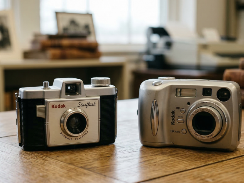 Cámara analógica Kodak junto a una cámara digital como símbolo de la transformación tecnológica de Kodak