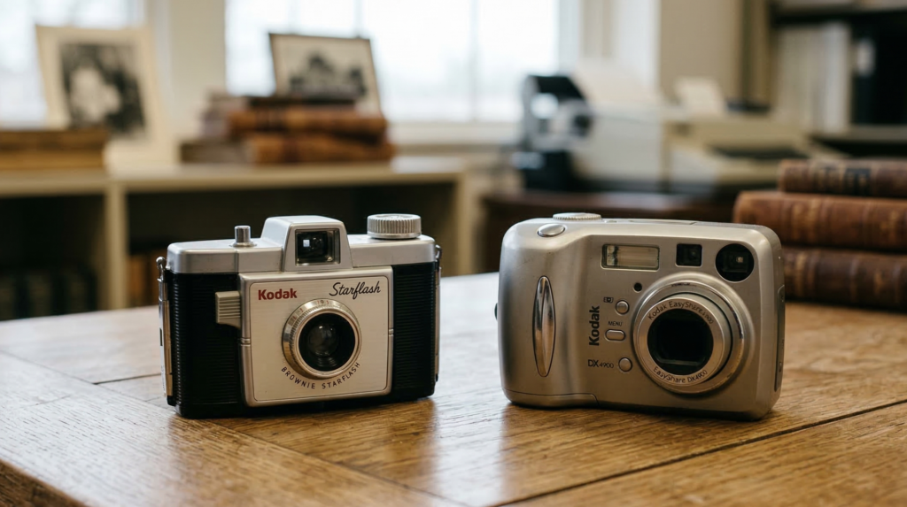 Cámara analógica Kodak junto a una cámara digital como símbolo de la transformación tecnológica de Kodak