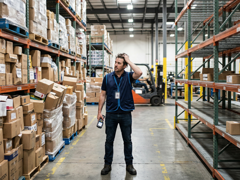 almacén con exceso de stock frente a estantería vacía representando el dilema del inventario perfecto