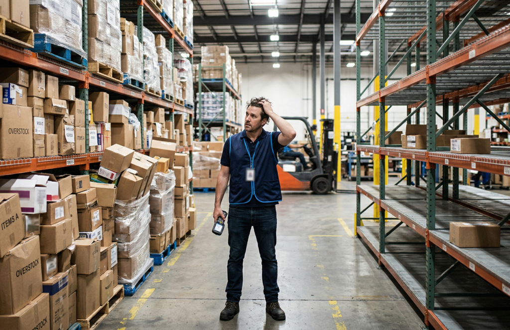almacén con exceso de stock frente a estantería vacía representando el dilema del inventario perfecto
