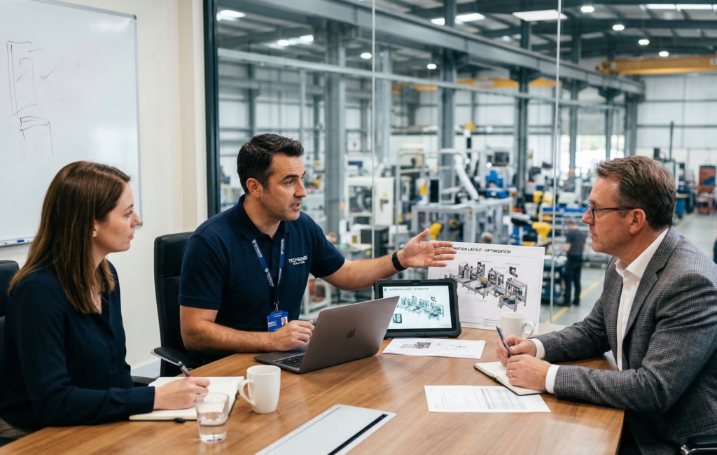 Ingeniero explicando una solución técnica a un cliente industrial en una reunión de ventas B2B