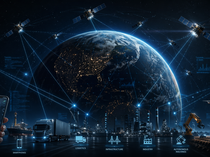A futuristic visualization of the Global Positioning System (GPS) as an invisible infrastructure around Earth, showing multiple satellites orbiting the planet emitting signals to connected elements below such as smartphones, industrial factories, logistics trucks, and autonomous machines. The Earth is partially illuminated with digital grid lines, symbolizing synchronization and global connectivity. Include subtle data streams, light beams connecting satellites to ground devices, and a modern technological aesthetic. Style should be realistic with cinematic lighting, high detail, wide landscape composition (16:9), with a slightly dark background and glowing elements in blue and cyan tones. Emphasize the concept of invisible coordination and global industrial impact.