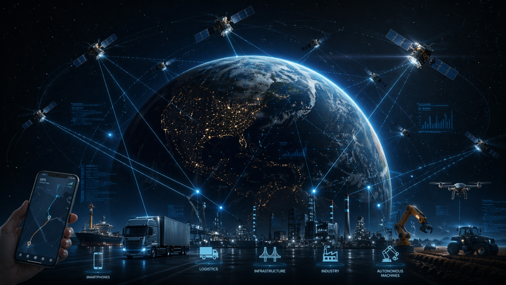 A futuristic visualization of the Global Positioning System (GPS) as an invisible infrastructure around Earth, showing multiple satellites orbiting the planet emitting signals to connected elements below such as smartphones, industrial factories, logistics trucks, and autonomous machines. The Earth is partially illuminated with digital grid lines, symbolizing synchronization and global connectivity. Include subtle data streams, light beams connecting satellites to ground devices, and a modern technological aesthetic. Style should be realistic with cinematic lighting, high detail, wide landscape composition (16:9), with a slightly dark background and glowing elements in blue and cyan tones. Emphasize the concept of invisible coordination and global industrial impact.