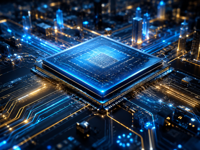 Microchip de silicio iluminado como símbolo de la historia del microchip y la inteligencia artificial moderna.